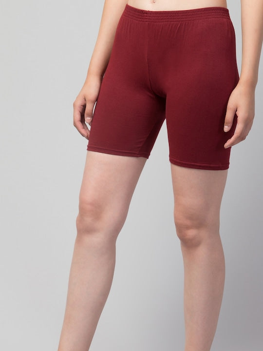 Women Solid Maroon Mid-Rise Short Brief