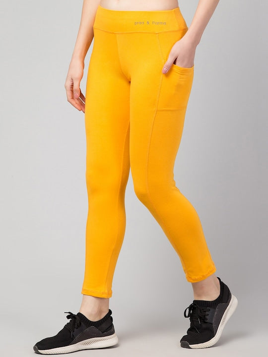 Women Solid Yellow Slim Fit with pockets Leggings