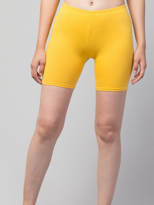 Women Solid Yellow Mid-Rise Gym Short Brief