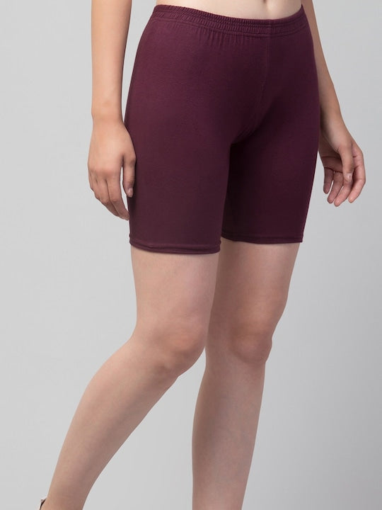 Women Solid Dark Maroon Mid-Rise Gym Short Brief