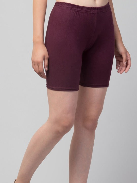 Women Solid Dark Maroon Mid-Rise Gym Short