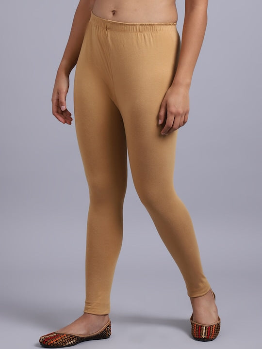 Women Solid Beige Mid-Rise Slim Fit Leggings
