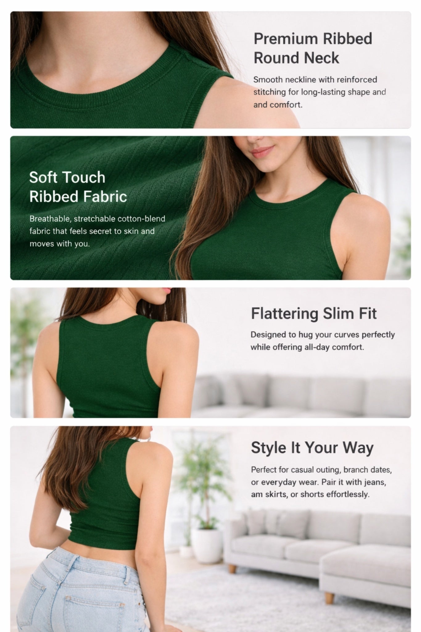 Women Solid Dark Green Ribbed Sleeveless Stretchable Casual Crop Top