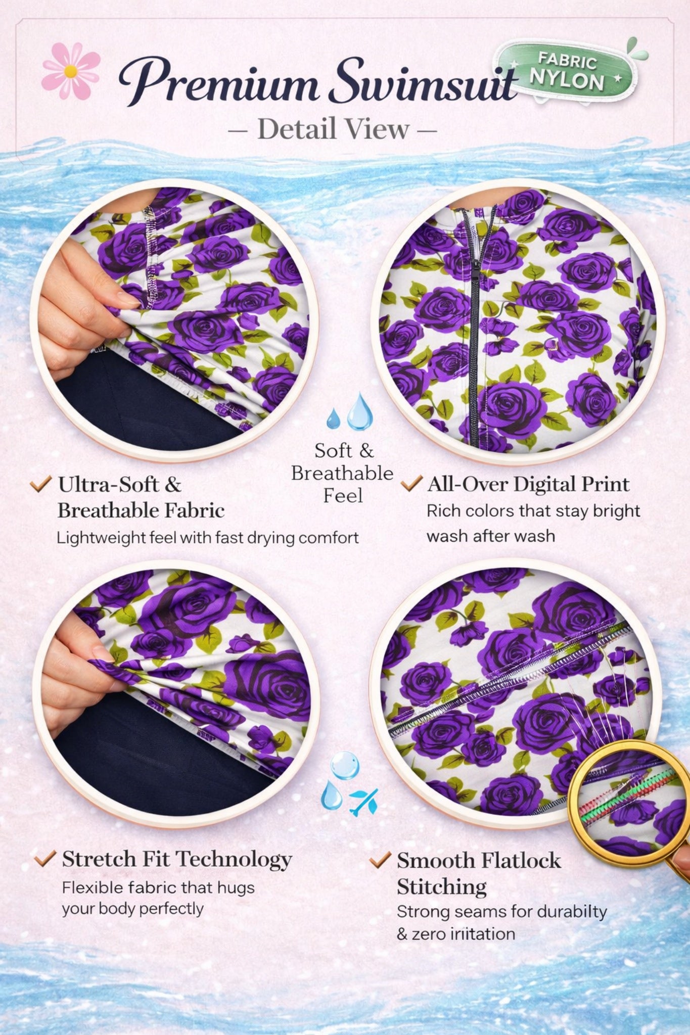 Women Floral Full Sleeve Zipper Swim Top with Capri Swim Leggings