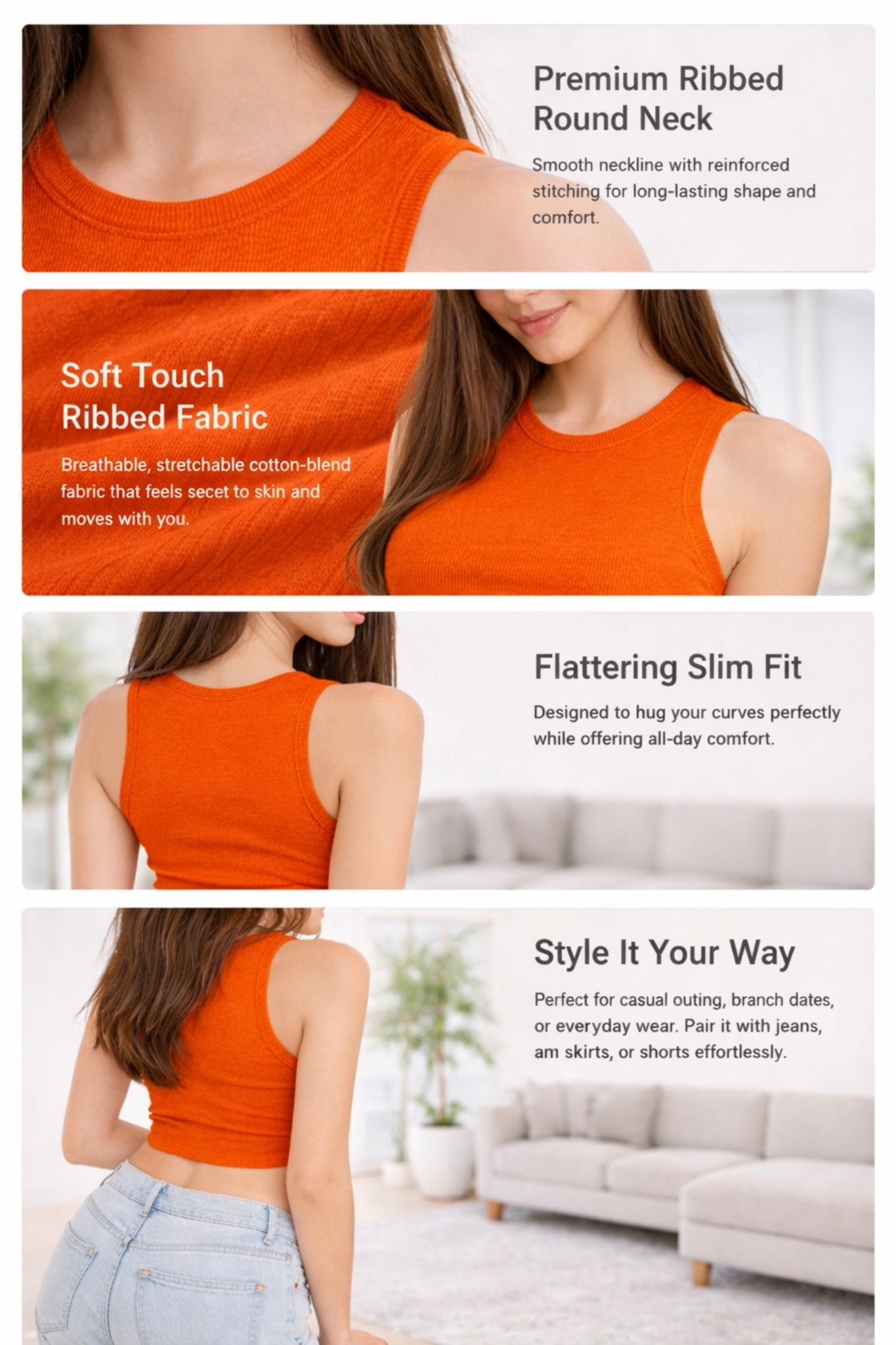 Women Solid Orange Ribbed Sleeveless Stretchable Casual Crop Top