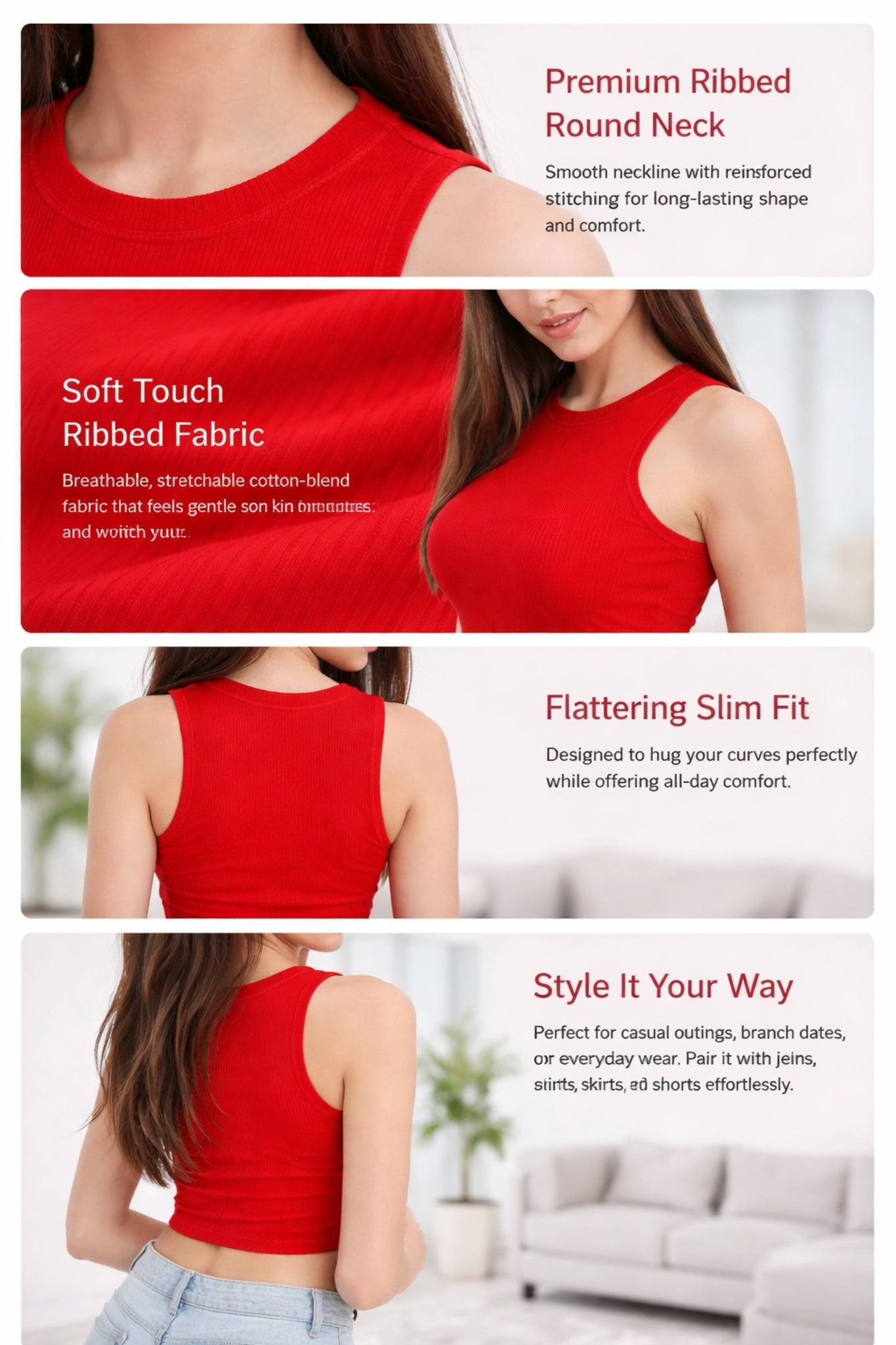 Women Solid Red Ribbed Sleeveless Stretchable Casual Crop Top