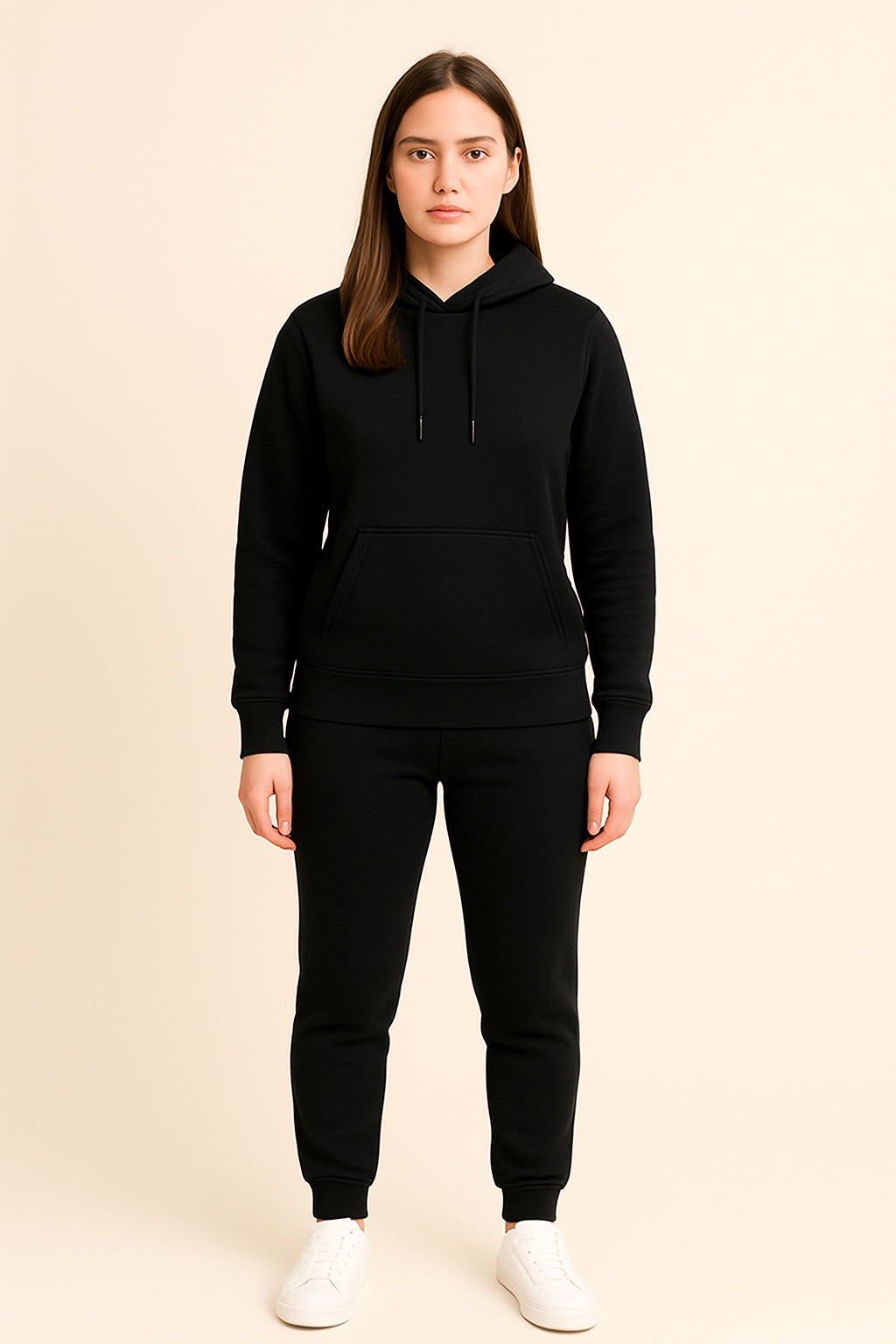 Women’s Hoodie Tracksuit Set – Black (Polyester Fleece)