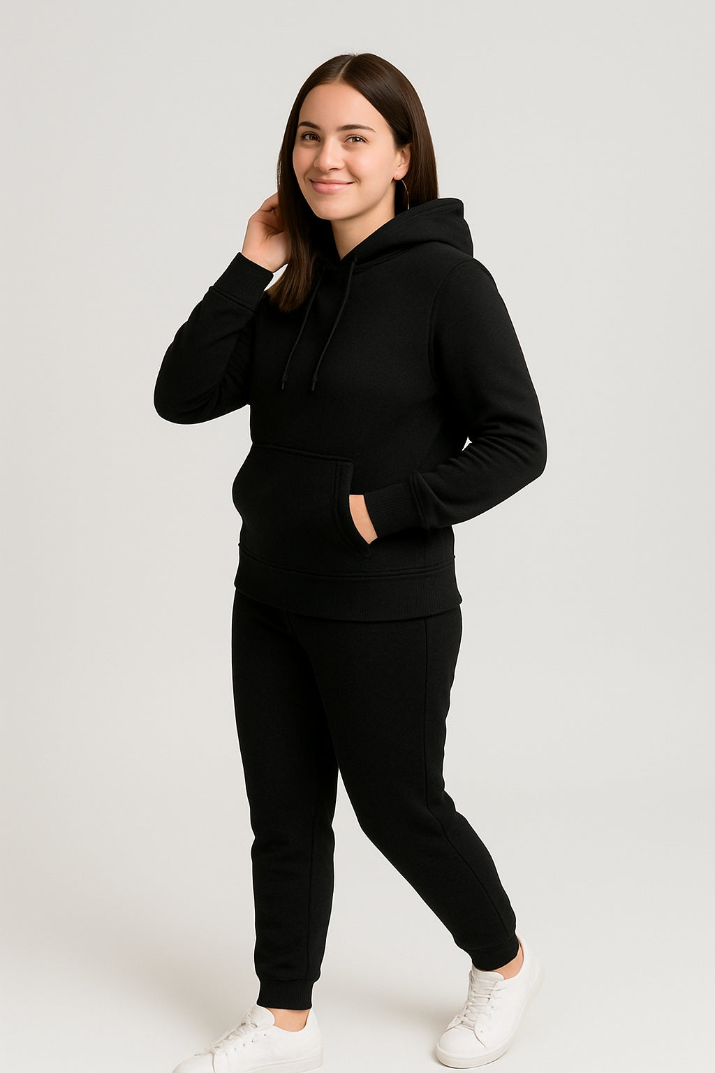 Women’s Hoodie Tracksuit Set – Black (Polyester Fleece)