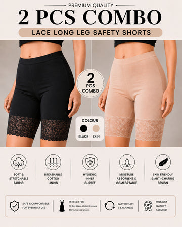 Women 2-Piece Lace Long Leg Safety Shorts Combo – Black & Skin