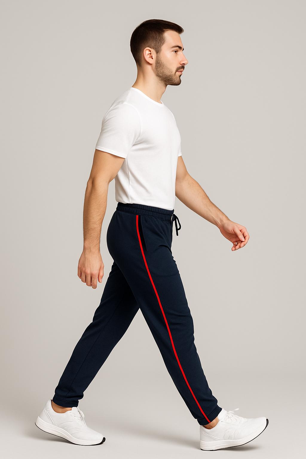 Men Navy NS Lycra Joggers with Red Side Tape