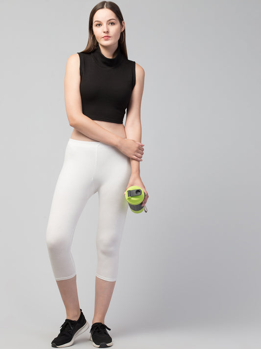 WOMEN SOLID WHITE MID RISE SKINNY FIT  CAPRIS
