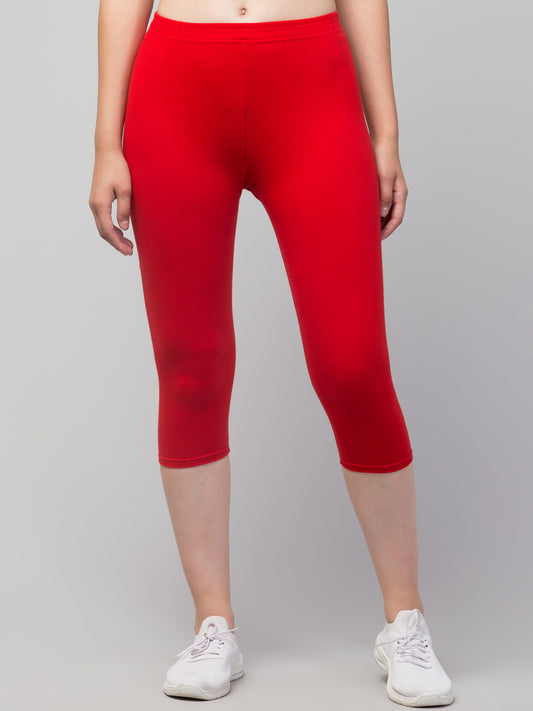 WOMEN SOLID RED  MID RISE SKINNY FIT  CAPRIS