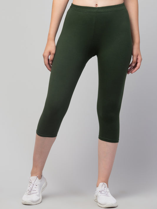 WOMEN SOLID OLIVE MID RISE SKINNY FIT CAPRIS