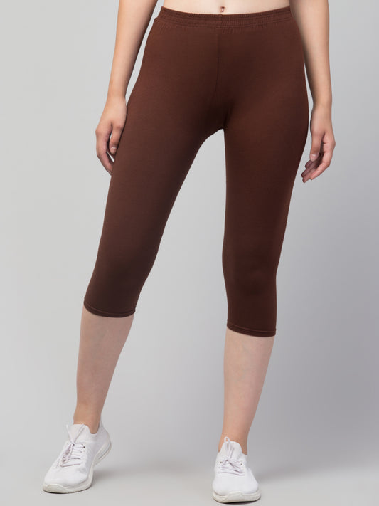 WOMEN SOLID BROWN MID RISE SKINNY FIT CAPRIS
