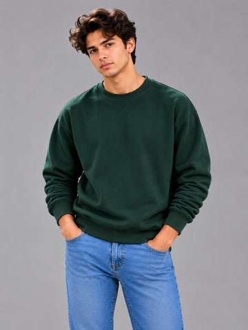 Men’s Solid Bottle Green Oversized Crew Neck Sweatshirt