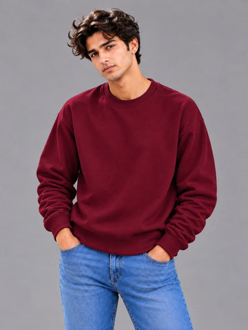 Men’s Solid Maroon Oversized Crew Neck Sweatshirt