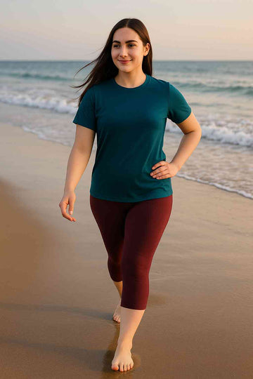 Women Solid Teal Blue T-Shirt with Maroon Capri Leggings-SWI-53
