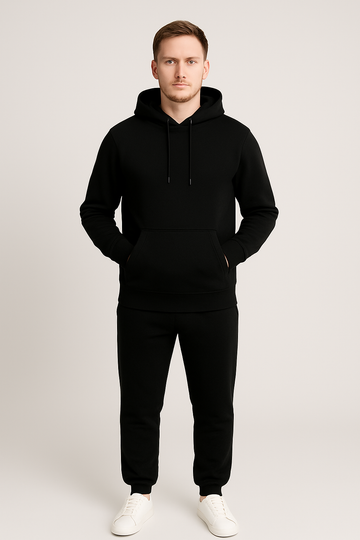 Men’s Solid Black Hooded Sweatshirt & Joggers Tracksuit Set