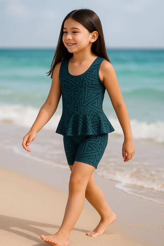 Printed Round Neck Girls Swimming Dress