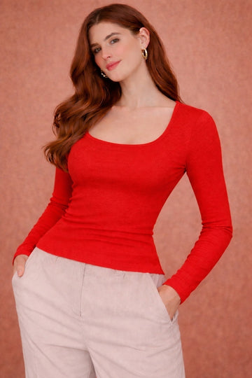 Women Solid Ribbed Square Neck Full Sleeve Fitted Top
