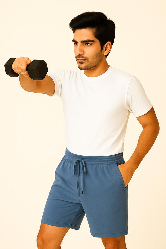 Men Blue Cotton Terry Knit Shorts with Drawcord & Pockets