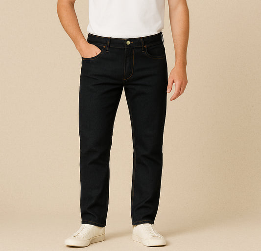 Men’s Straight-Leg Denim – Mid-Rise Stretch, Solid Dark Indigo
