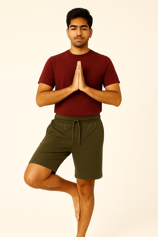 Men Olive Cotton Terry Knit Shorts with Drawcord & Pockets