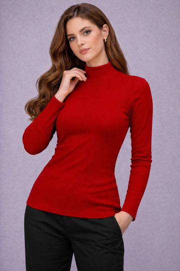 Women's Full Sleeve High Neck Ribbed Slim Fit Top