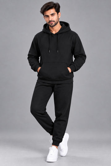 Men's Solid Black Hooded Tracksuit Set with Kangaroo Pocket