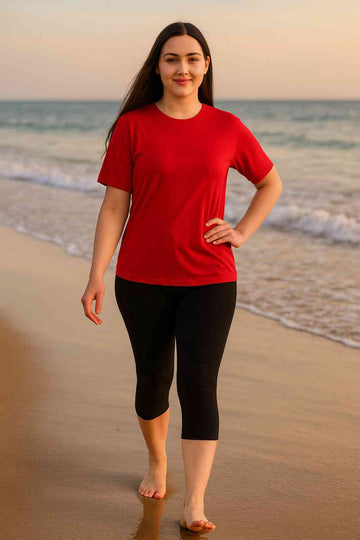 Women Solid Red T-Shirt with Black Capri Leggings-53