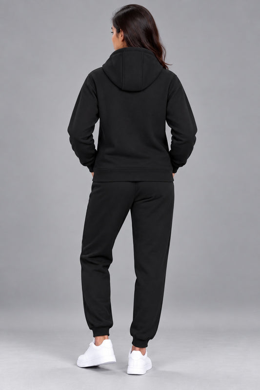 Women's Solid Hooded Tracksuit Set with Kangaroo Pocket