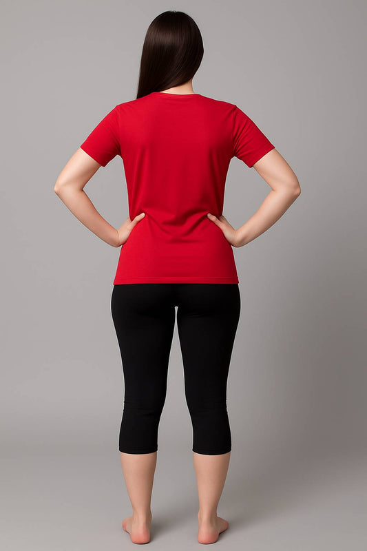 Women Solid Red T-Shirt with Black Capri Leggings-53
