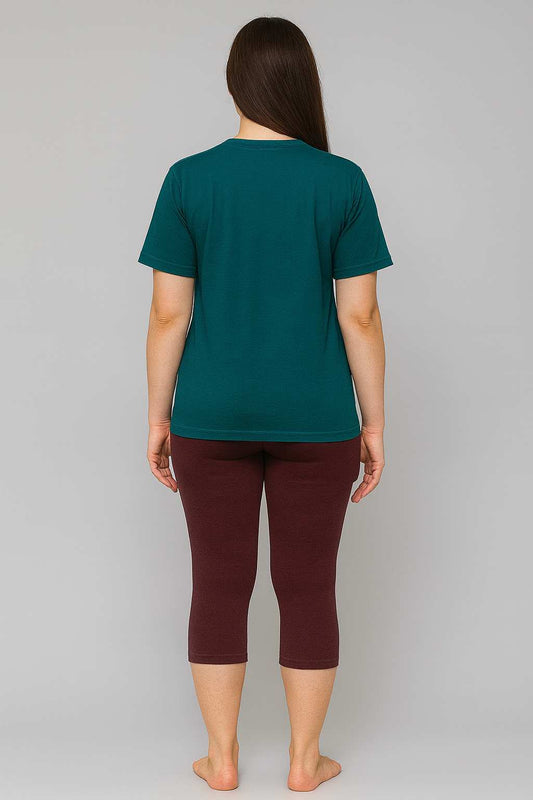 Women Solid Teal Blue T-Shirt with Maroon Capri Leggings-SWI-53