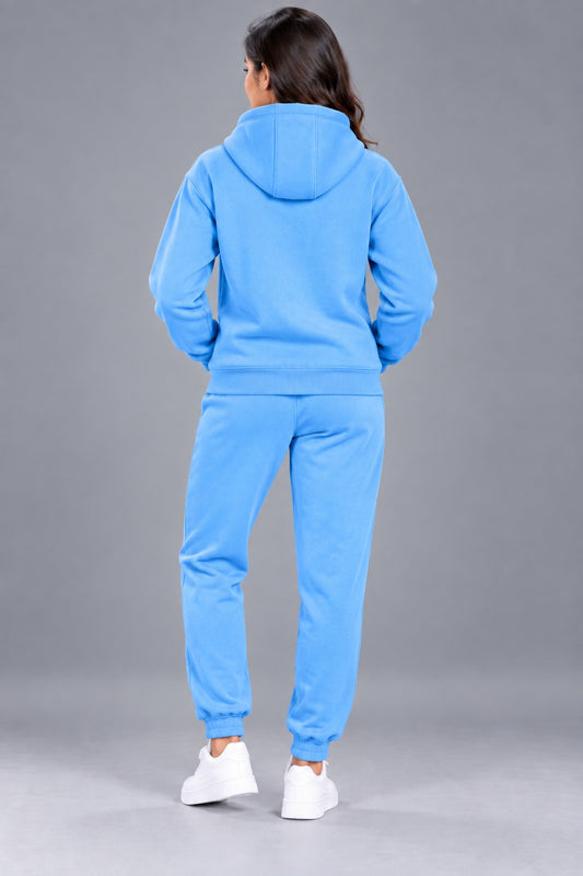 Women's Solid Hooded Tracksuit Set with Kangaroo Pocket
