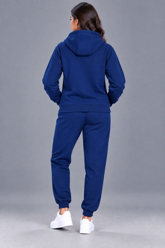 Women's Solid Hooded Tracksuit Set with Kangaroo Pocket