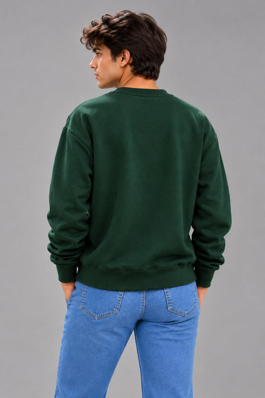 Men’s Solid Bottle Green Oversized Crew Neck Sweatshirt