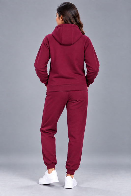 Women's Solid Hooded Tracksuit Set with Kangaroo Pocket