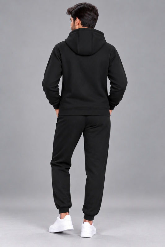 Men's Solid Black Hooded Tracksuit Set with Kangaroo Pocket