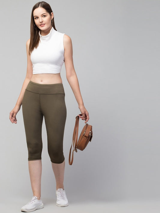 Women Grey Solid Dry Fit Capri Tights