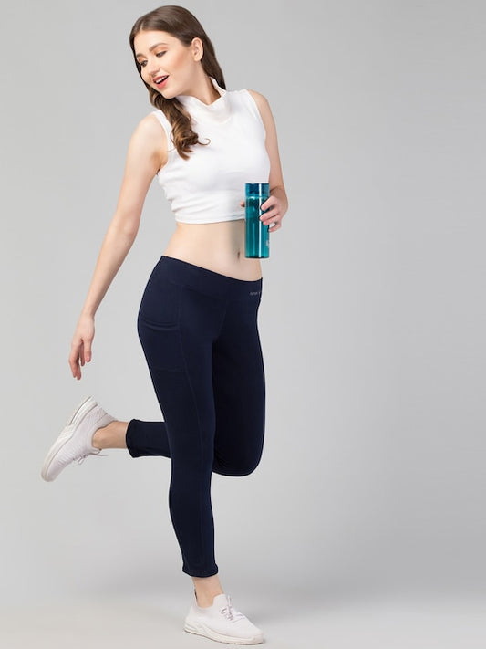 Women Solid Navy Blue  Slim Fit with pockets Leggings