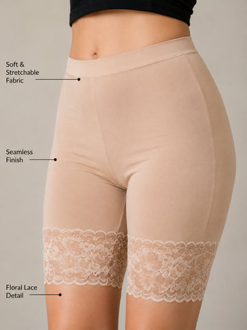 Women Beige Solid Cycling Shorts with Lace Trim