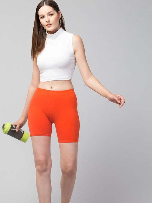 Women Solid Dark Orange Mid-Rise Gym Short Brief