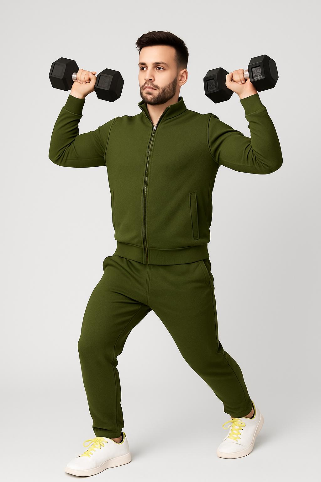 Men’s Stretch Tracksuit Set – Olive Green (NS Lycra)