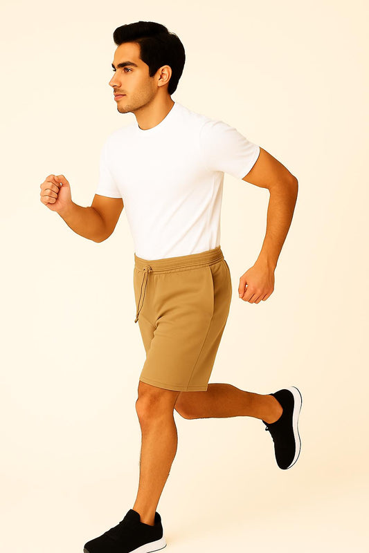 Men Camel/Tan Cotton Terry Knit Shorts with Drawcord & Pockets