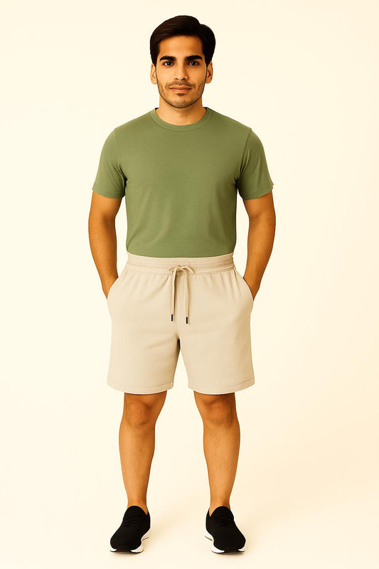 Men Beige Cotton Terry Knit Shorts with Drawcord & Pockets