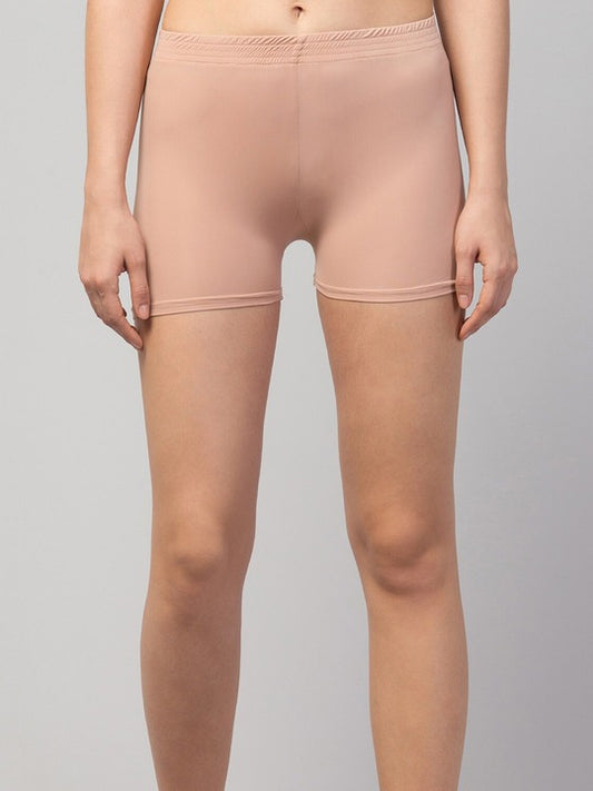 Women Solid Beige Mid-Rise Gym Shorts