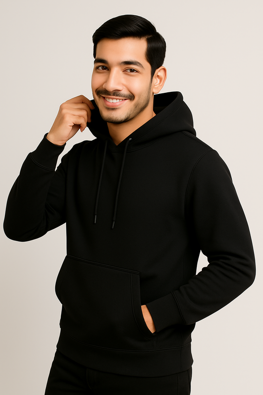 Men’s Solid Black Pullover Hoodie (Matty Polyester Fleece)