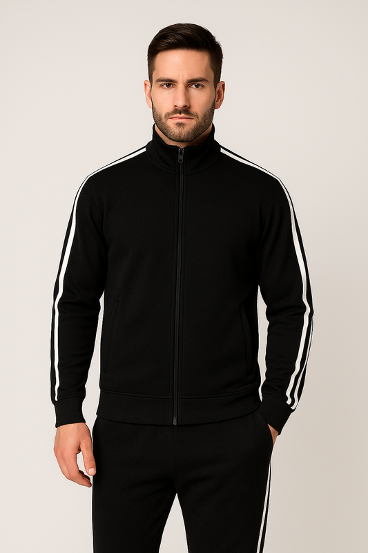 Men’s Side-Stripe Tracksuit – Black with White Stripes (NS Lycra)