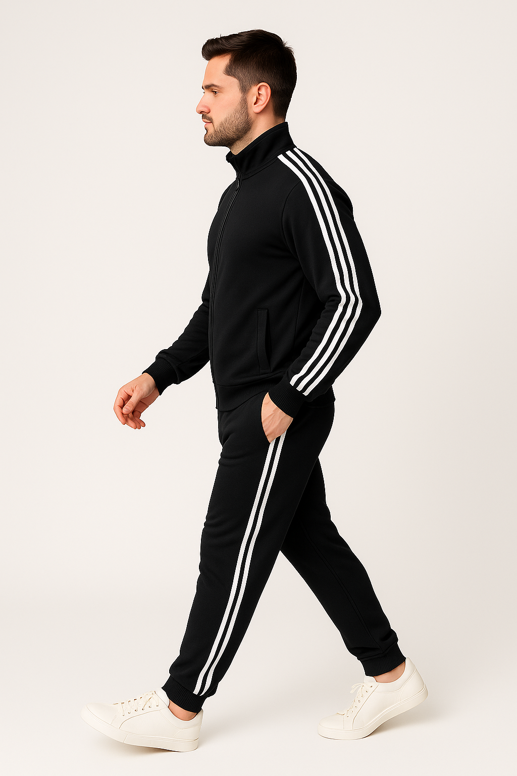 Men’s Side-Stripe Tracksuit – Black with White Stripes (NS Lycra)