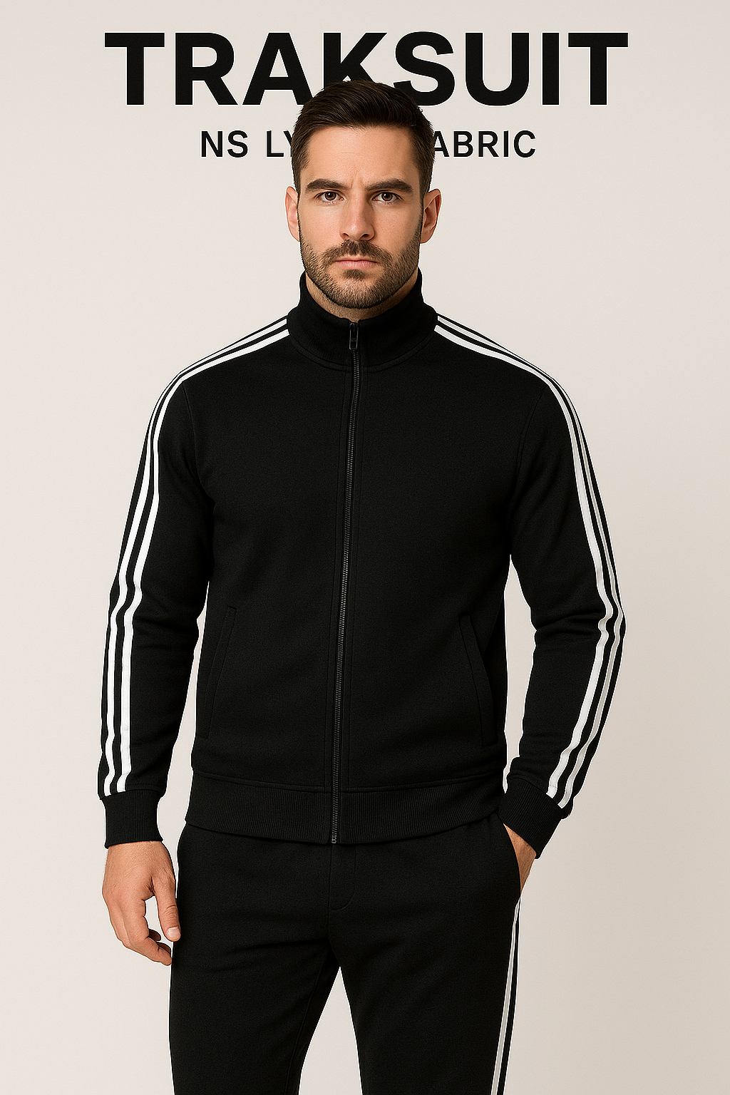 Men’s Side-Stripe Tracksuit – Black with White Stripes (NS Lycra)